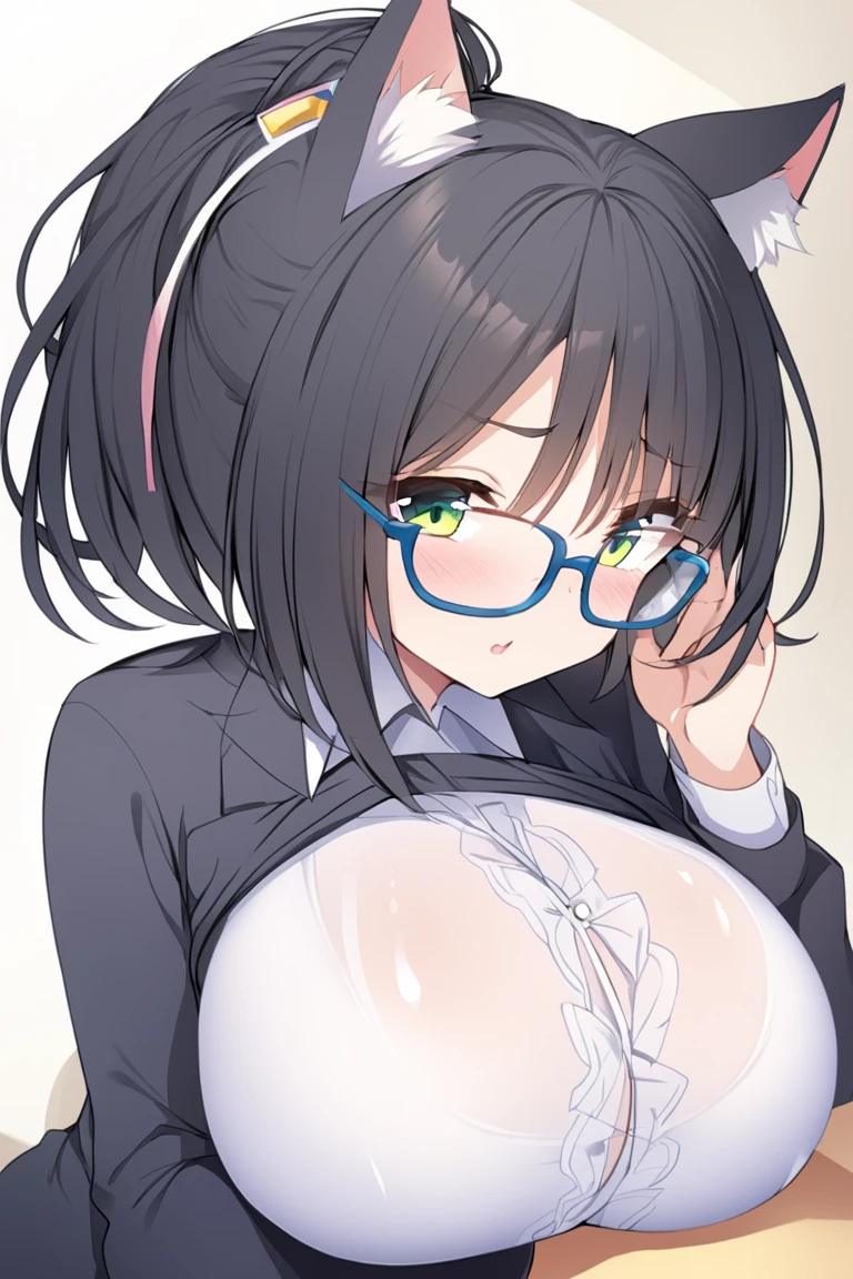 official art, no text, akane \(bunny\) \(blue_archive\), halo, long hair, glasses, breasts, big breasts, white background, sitting, cat on her lap, close-up, depth of field, masterpiece, best quality