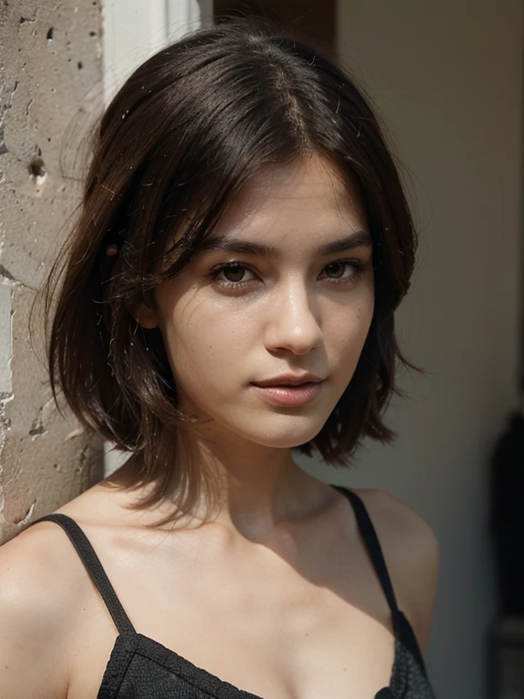  de 13 anos,vestindo um moletom marrom largo e uma saia preta,short brown neck length hair
