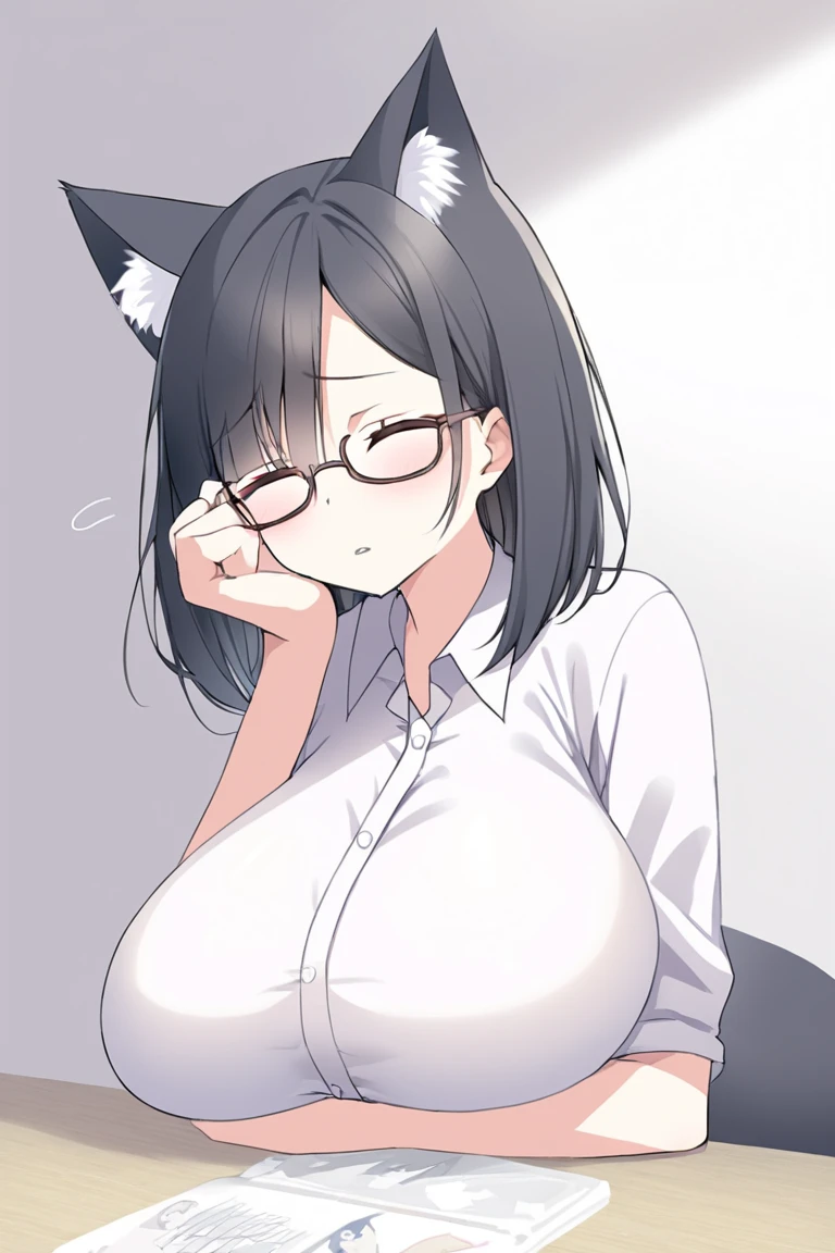 _asura style, 1girl, breasts, animal_ears, tail, solo, large_breasts, mole_on_breast, long_hair, brown_hair, pantyhose, mole, glasses, shirt, cleavage, underwear, fox_ears, fox_tail, coffee, cup, white_shirt, thighband_pantyhose, bra, animal_ear_fluff, bangs, long_sleeves, collared_shirt, holding, fox_girl, hangover after a whole night of getting fucked, pussy, thick pubic hair, cum in pussy, pulled down black pantyhose, rolled up black skirt, cum on breasts, cum in mouth,