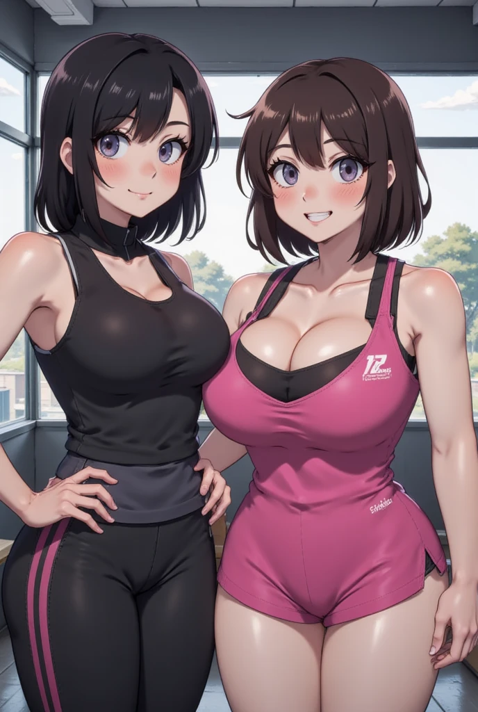 Stunning fit latina woman, defined muscle tone, short brown hair, hyperdetailed face, mischievous smile, gym clothing, hourglass body, big hips, small breast, long sensual legs, provocitave pose, digital painting, extreme detail, digital art, 4k, ultra hd, hyper detailed, hyper realistic, photorealistic, detailed, vibrant, sharp focus, character design, artgerm, kuvshinov, character design,