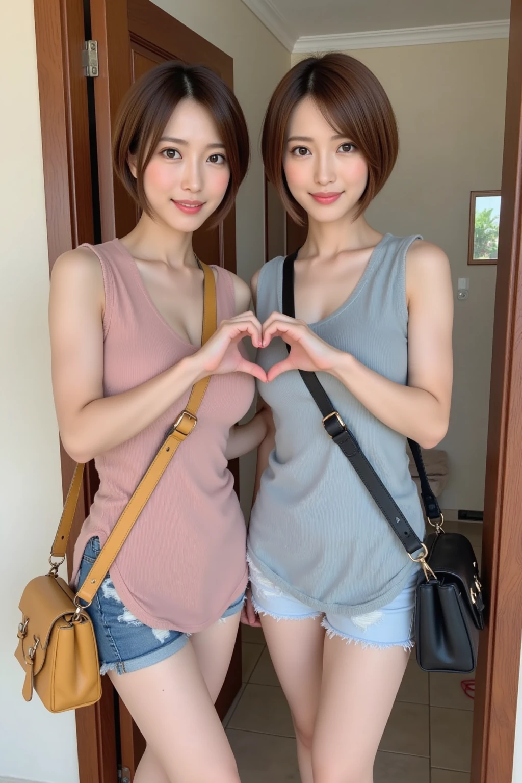 Taken with iPhone camera、Cute Japanese Women Photos、Big ample breasts、Very short bob hair、Pink hair sportswear 、upper body、Face Focus、necklace、Simple Background、From above、Taking a selfie with a smartphone