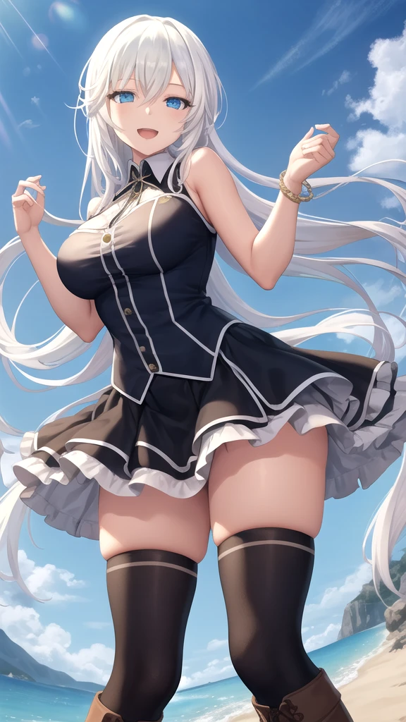 White haired girl with cat ears、anime、One woman、Black Ribbon、Black maid outfit、Bob Hair、anime tone、beautiful girl、Adult、Standing front view、cute、beautiful girl