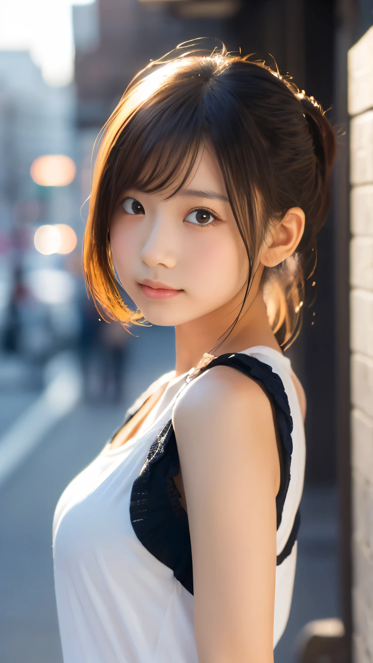 black eye、woman 1人、20-year-old、(((woman)))、alone、Realistic、Highest quality、Realistic、masterpiece、8k、High resolution、alone、Highly detailed face、(Professional Lighting、Bokeh Depth of Field)、(Particles of light、Lens flare、Luminous Particles:0.6)、(Dynamic pose:1.2)、Soft lighting、Top view angle、Fashionable and trendy atmosphere、Japanese、street、Tokyo、city、((Daytime)) 、null、((Viewer Perspective:1))、(Looking into the camera)、(Portraiture:0.6)、Cowboy Shot、nice、Are standing、Maintain natural facial balance、Broad shoulders、Whole Body Ezbian、(Small breasts)、 (Medium Hair)、Brown Hair、Floating Hair、lips、lipstick、Captivating smile、Floating Hair、Laughter、Open your mouth、(dress)、(ponytail)、Sheol、(Mole under the eye:1)、dressの色はランダム