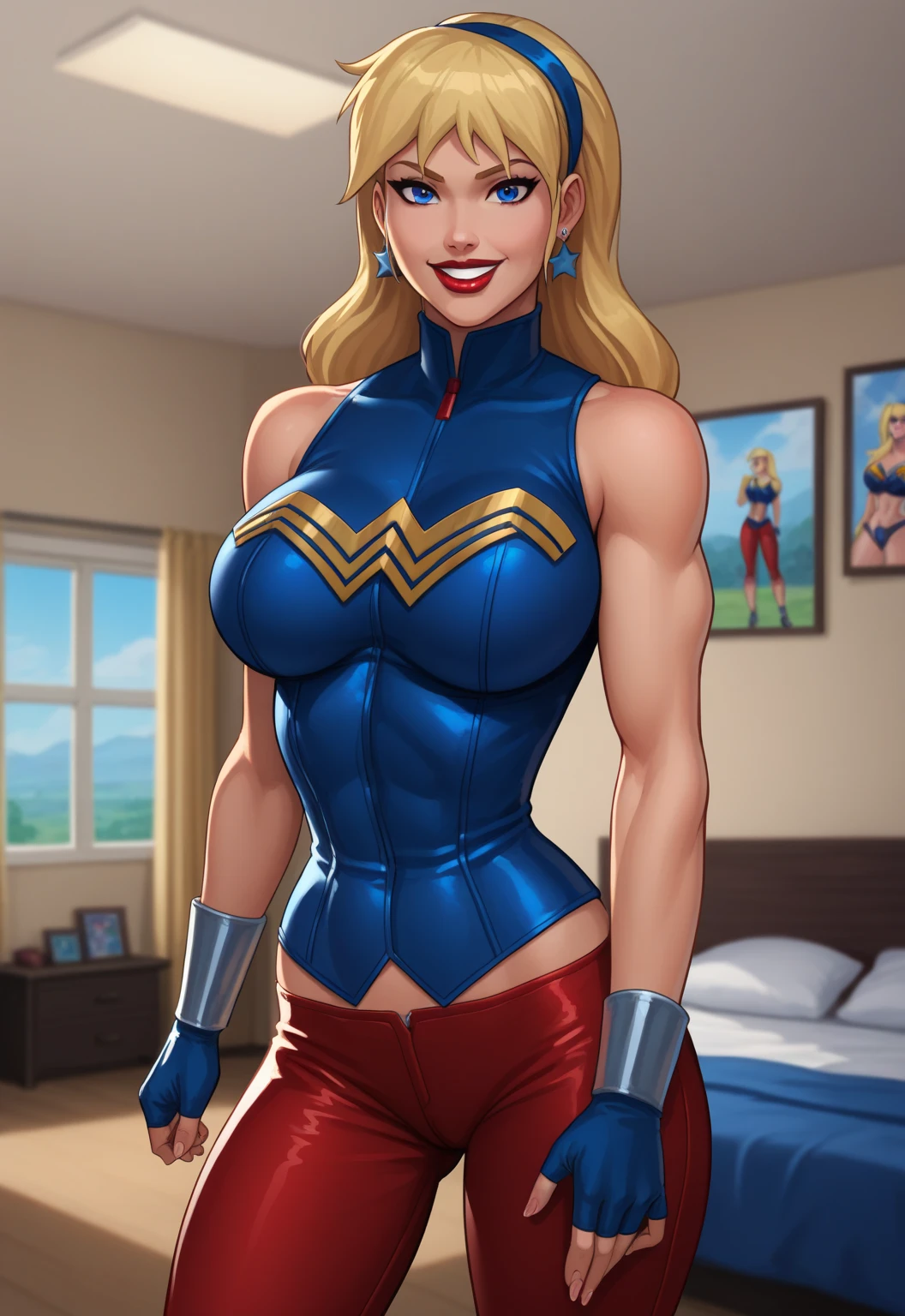 Make a young girl with short blonde hair, wearing an iron vest with low necklines, wearing chest armor with defined breasts, wearing a strappy skirt, thick thighs, an iron tiara 