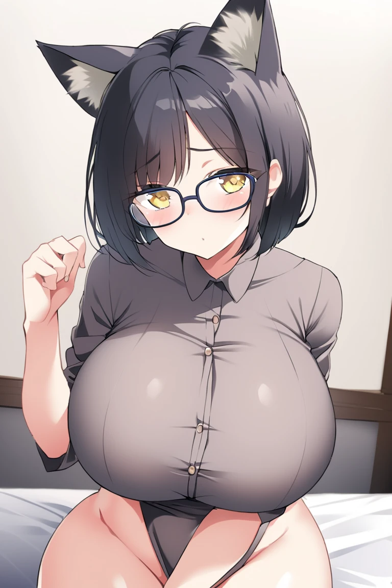 draw me an anime picture, a woman with black twintail hair, and wearing a trendy black jacket with white stripes on each side of the jacket, cute face and beautiful face, white skin, sexy body, standard breasts, and big buttocks, wearing ear accessories cat, and wearing black jeans, purple eyes, wearing black-framed glasses, hands waving as if to give a welcome signal, with a beautiful background of night in the middle of the city