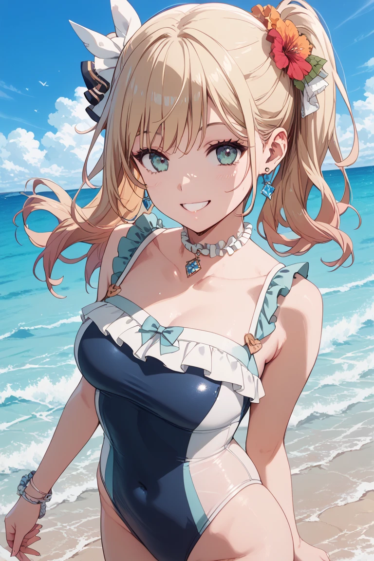 best quality, masterpiece, highres, solo, {maid:1.40}, {long maid dress:1.15}, {akari_bluearchive:1.15}, blonde_hair, long_hair, blue_eyes, virtual_youtuber, smile, blush, breasts, ribbon, side_ponytail, open_mouth, bangs, hair_ribbon, hair_between_eyes, upper_body, large_breasts