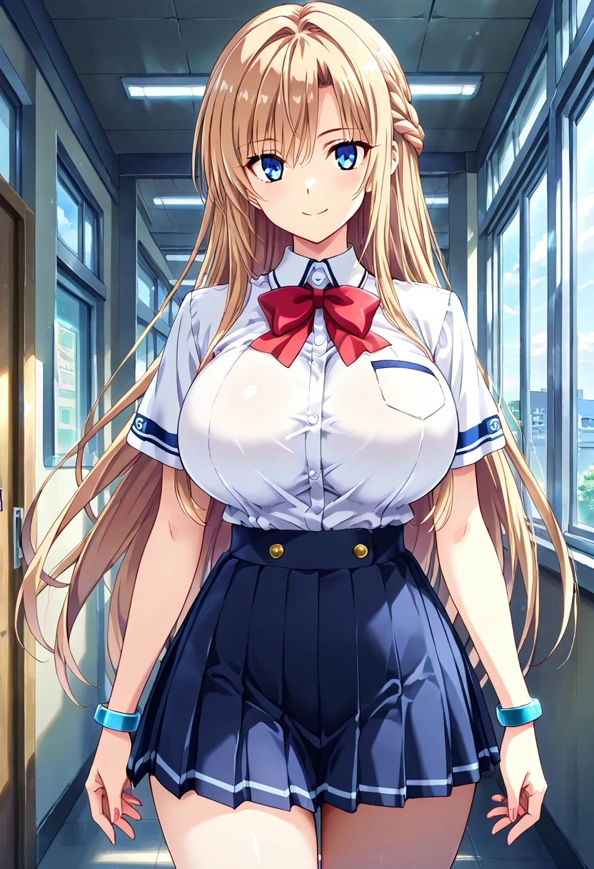 masterpiece, absurd, highly detailed, highres, High Quality, better quality, punctuation_9, punctuation_8_arriba, punctuation_7_arriba, punctuation_6_arriba, anime_ source , source _anime, anime coloring, high resolution, detailed face, better quality, ultra detailed eyes, high resolution portrait, sharp detail, subtle redness, vivid eyes with subtle reflections , masterpiece, source _anime, anime style, cowboy shot, rare sight,
BREAK,
1 girl, Alone , Alone focus, looking at the spectator, long hair, light brown hair ,Corona-like braided hair, blue eyes, , , pale, thin, , curvilinear, volarribatuous, red bow, school uniform, shirt, bulging sleeves, short sleeves, pleated miniskirt, skirt, white shirt, white sleeves, blue bracelet on the left arm , smile, mouth shut, Soft posture , ,
BREAK,
inner, school, aisle, windows, Day Time , natural light,