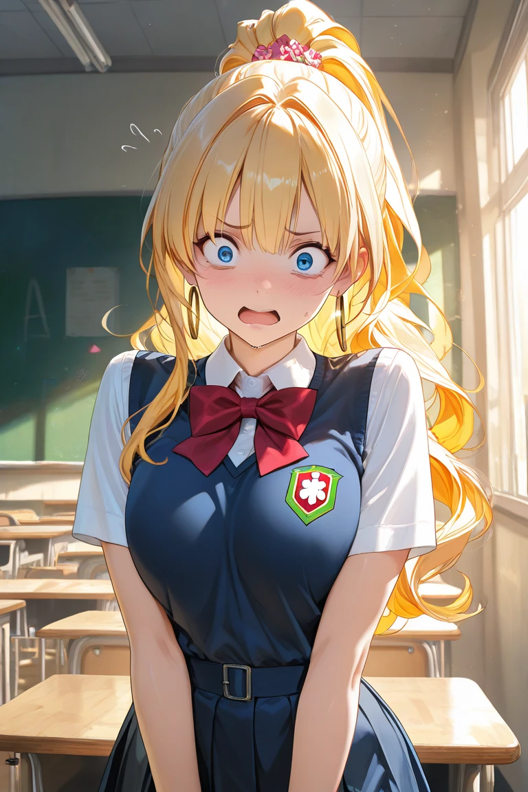 masterpiece,best quality,1girl,mlpapplejack,low-tied long hair,blonde hair,green eyes,cowboy hat,shirt,denim skirt,belt,apple decorations,smile,sitting,classroom, gagged, tape gag, tape on the mouth, , tied wrists, tied ankles, fearful, the word "SOLD" written on her mouth's tape
