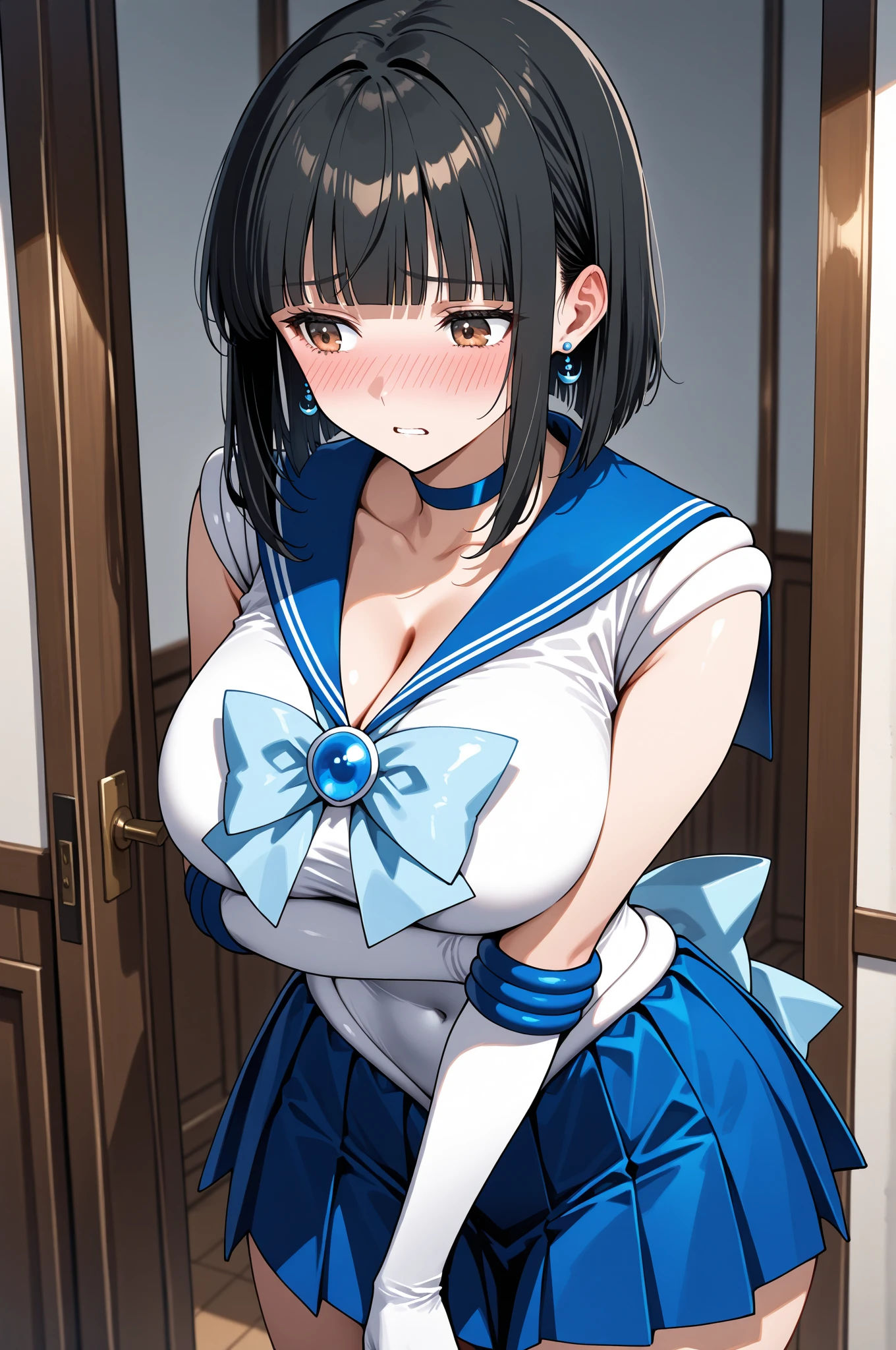 ((masterpiece)), ((best quality)), (ultra-detailed), ((extremely detailed)), 4K, (8K), best quality, ((perfect anatomy)), five fingers, ((((beautiful detailed eyes)))), (((world-class quality))), photorealistic, extremely detailed, high resolution, ((detailed shaded pretty face)), (((house wife))), solo, (((sagging breasts))),, glowing detailed skin and hair, white-skinned, (((glistening skin))), (huge ass), kasumi iwato, (potbelly), , ((half updo)),, curvy, stylish pose, naughty face, ,, ((wearing sailor moon outfit)). blush, lipstick