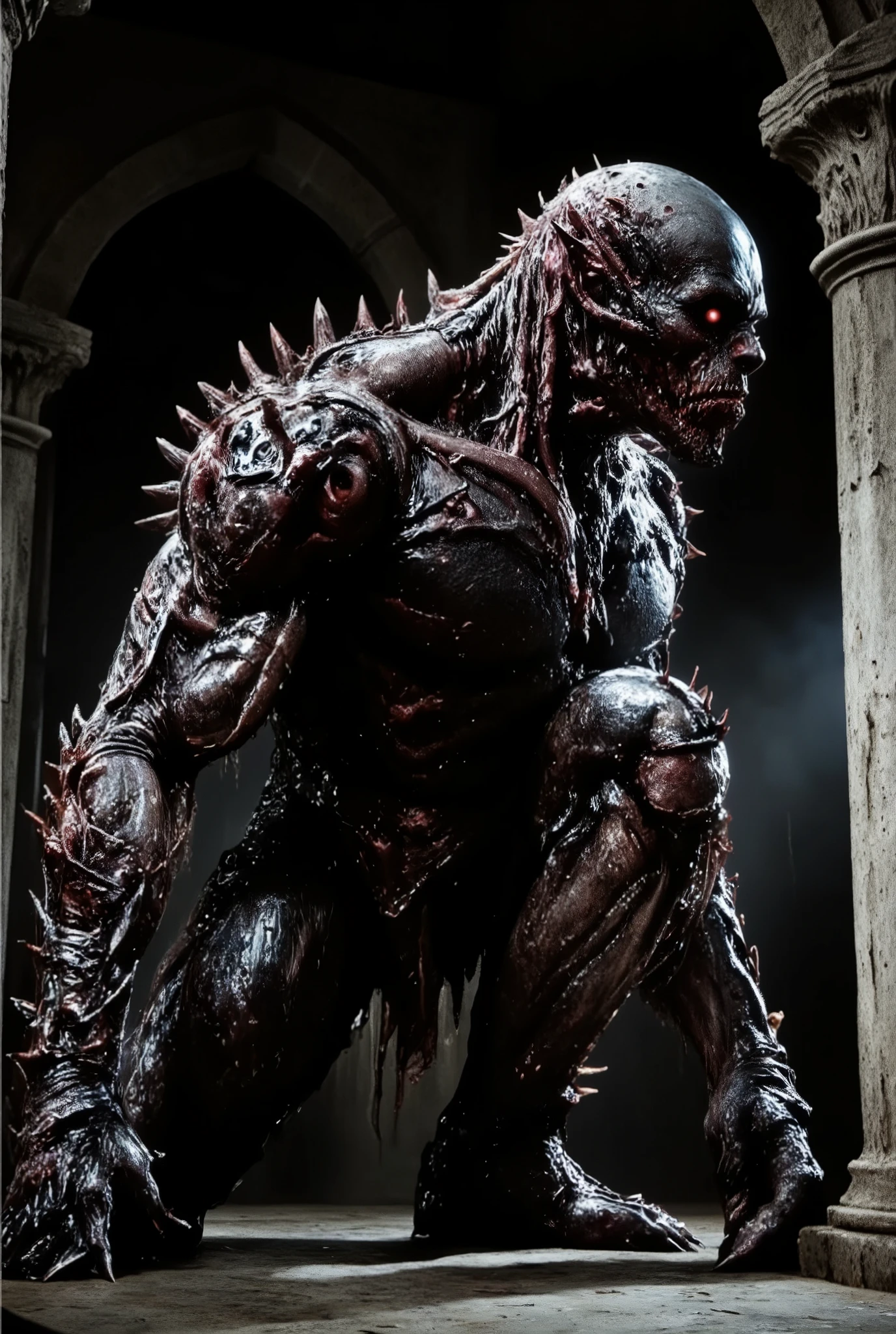a monster made of eyeballs, highly detailed, photorealistic, 8K, hyperrealistic, dramatic lighting, gothic horror atmosphere, dark fantasy, ominous, surreal, unsettling, twisted, creepy, monstrous, eyeball creature, horrifying, unsettling, nightmarish,visceral,grotesque,grim,sinister,macabre,unnatural,bizarre,otherworldly,uncanny,dark,sinister,foreboding,eerie,supernatural,unsettling,twisted,gruesome,ghastly,disturbing,haunting,malevolent,eldritch,frightening,petrifying,terrifying,chilling,horrific,dreadful,monstrous,grisly,horrifying,gruesome,sinister,malevolent,sinister,ominous,foreboding,grim,dark,gothic,shadowy,moody,dramatic,haunting,unsettling,twisted,surreal,nightmarish,bizarre,uncanny,otherworldly,unnatural,visceral,grotesque creature, hunched posture, menacing gaze, numerous eye-like protrusions across body, sharp claws, dark detailed skin texture, indoor dimly lit setting, stone columns in background, dramatic lighting from the right, deep shadows emphasizing figure, eerie ominous atmosphere, close-up shot, high detail focus