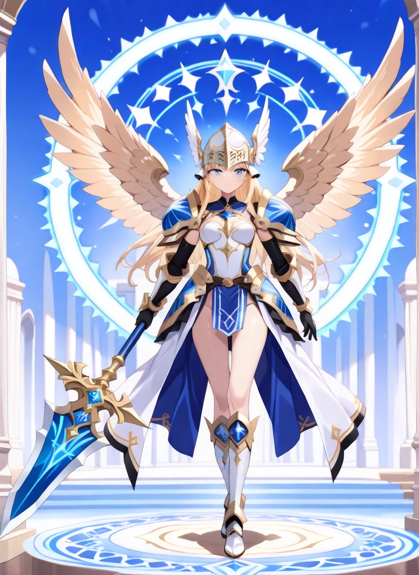1girl, 
boots, blonde hair, white wings, floating cape, high heel boots, solo, digimon \(creature\), black wings, full body, spear, mask, thigh boots, white background, covered eyes, bird wings, pointy footwear, thighhighs, simple background, high heels, wings, polearm, weapon, helmet, smile, zettai ryouiki, full armor, armor, looking at viewer, armored boots, long hair, bird, shoulder pads, 
masterpiece, best quality, newest,  safe