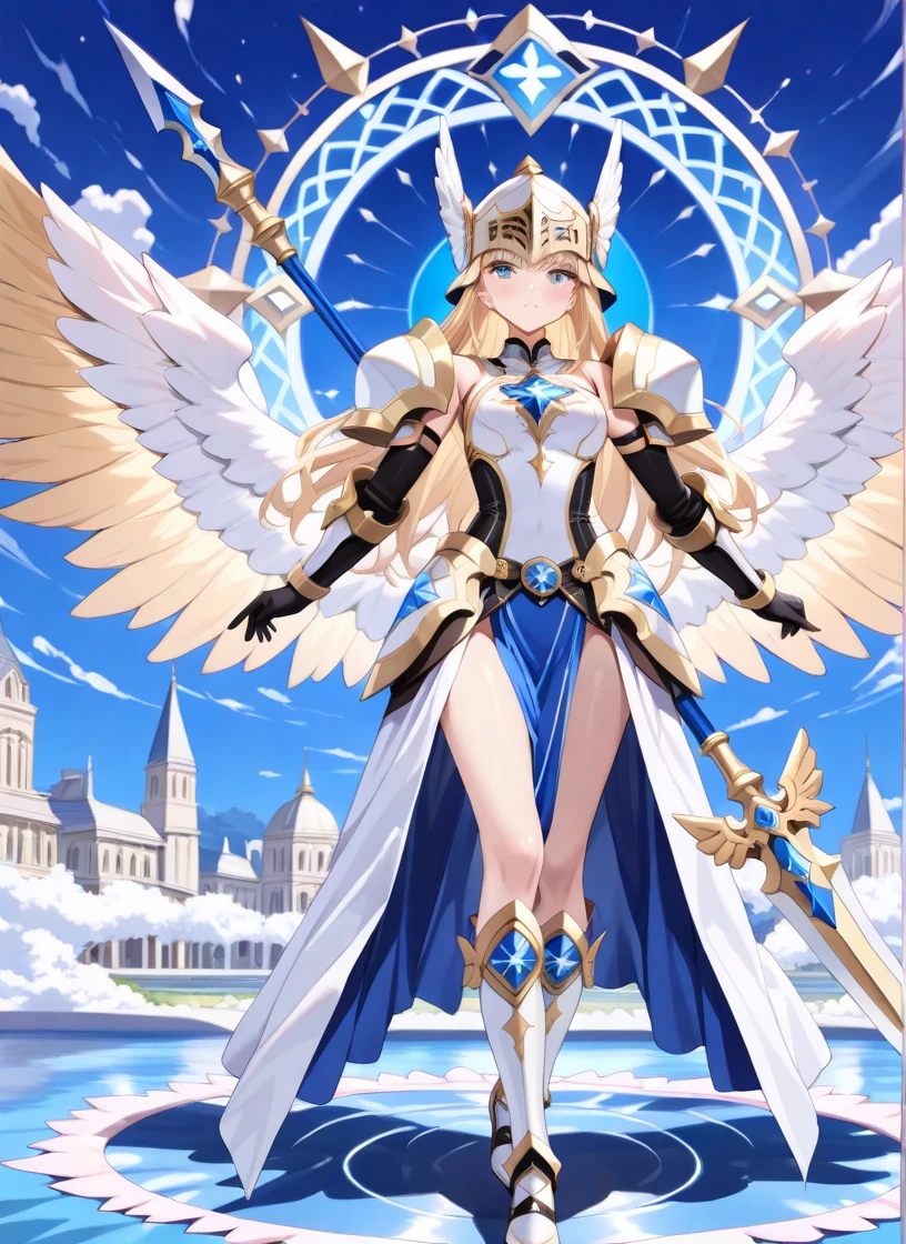 une femme, 25 ans, manga, cheveux longs, cheveux blond, armure, armure du cygne, saint seiya, hyoga, cygnus, casque, chevalier du zodiaque, dans un paysage glacial, neige, glacier, metal swan wings, jupe en plumes de cygnes