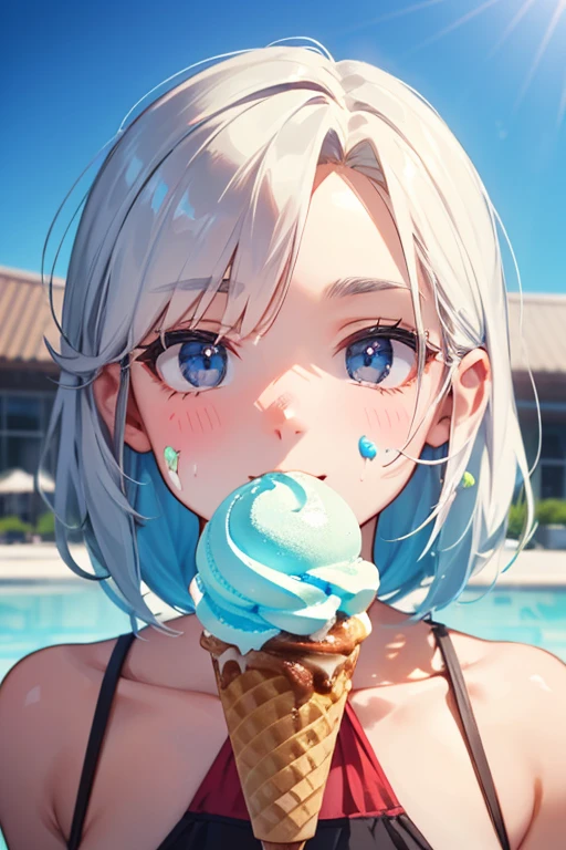 Eating ice cream by the pool Chibi character Silver hair swimsuit