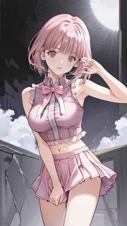 1girl, medium height, black eyes, pink long, thick thighs, wearing tight Japanese school uniform, short skirt, medium size breast, belle delthine looking, slim waist, HD, high res, looking at viewer, high quality