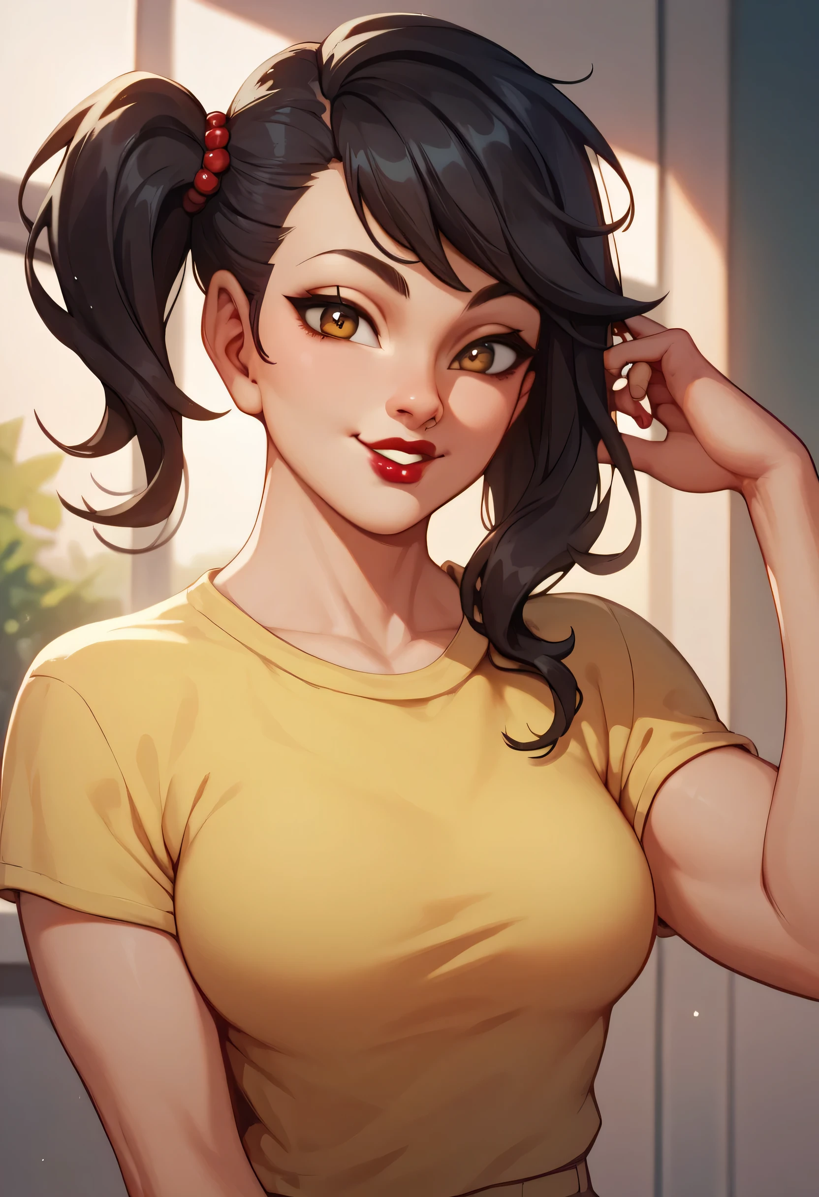 perfect face, glowing golden eyes, feminine, black hair, (side ponytail), medium hair, black thin eyebrows, brown eyes, nose, lips, red lips, smile, t-shirt, scoop t-shirt, yellow t-shirt, medium breasts, looking at viewer