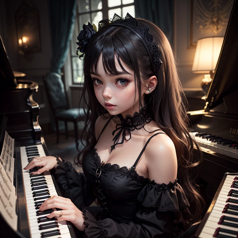 Under the bewitching moonlight, the beautiful girl, adorned with long, lustrous ebony hair that cascades like a waterfall, and her eyes, a mesmerizing shade of deep sapphire, are like portals to another realm, as she gracefully sways her fingers on the piano keys, conjuring a symphony that echoes in the hearts of those who listen, and filling the night air with an enchanting charm that captivates all who are lucky enough to witness this ethereal performance. extremely detailed and clear facial features. Her appearance is reminiscent of a realistic barbie doll in a vintage anime art style. The color palette consists of warm, gold tones, creating a nostalgic atmosphere in the room as sunlight streams . , cinematic, Hyper-detailed, insane details, Beautifully color graded, Unreal Engine, DOF, Super-Resolution, Megapixel, Cinematic Lightning, Anti-Aliasing, FKAA, TXAA, RTX, SSAO, Post Processing, Post Production, Tone Mapping, CGI, VFX, SFX, Insanely detailed and intricate, Hyper maximalist, Hyper realistic, Volumetric.