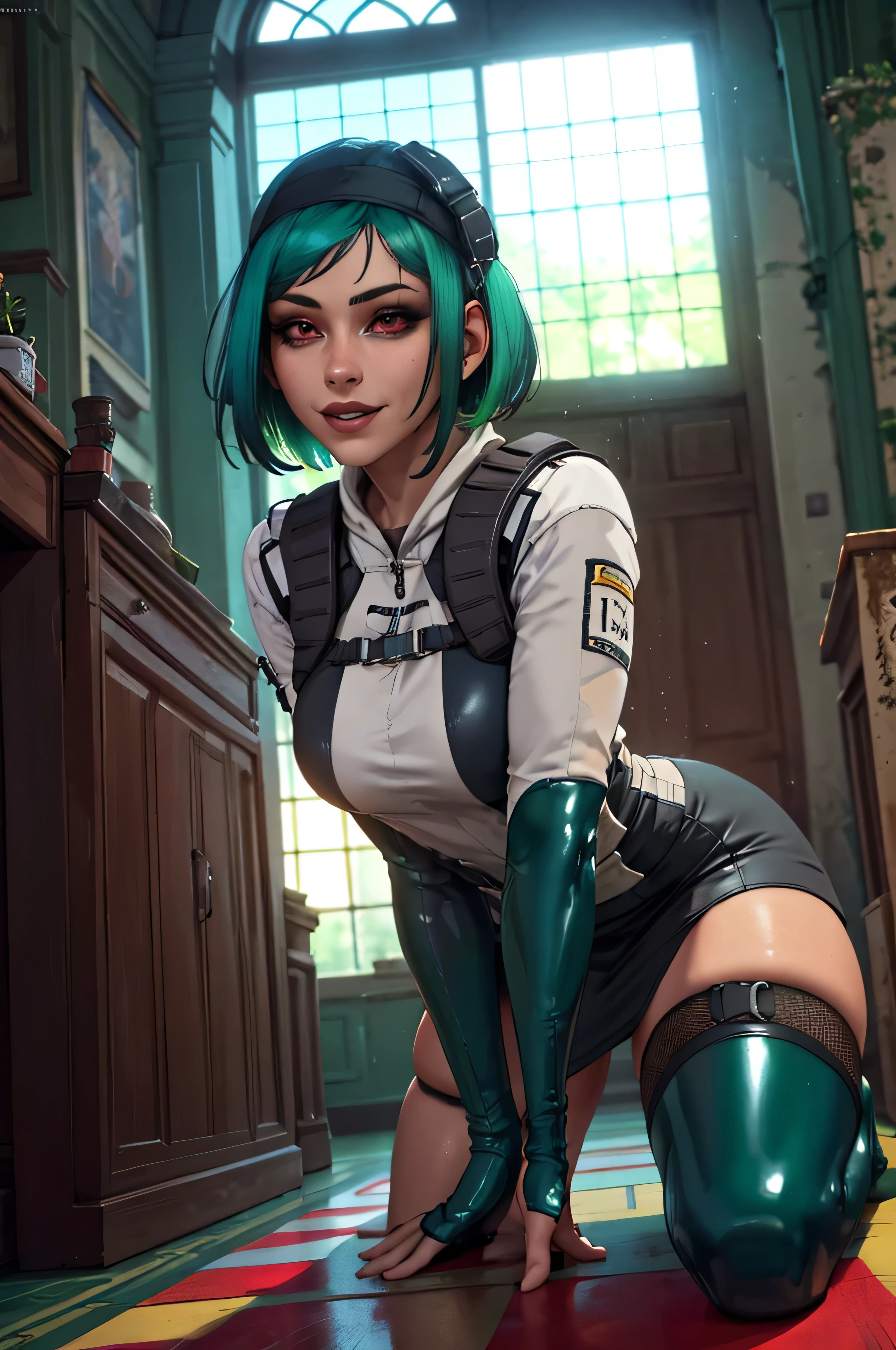 black bodysuit, partially unzipped, EGirlMakeup, science fiction, cyberpunk, seductive smile, looking at viewer, half-closed eyes, covering breasts, on bed, ela_(rainbow_six_siege), masterpiece, best quality, 1girl, solo, green hair, realistic, short hair, (insanely detailed, beautiful detailed face, beautiful detailed eyes, masterpiece, best quality)