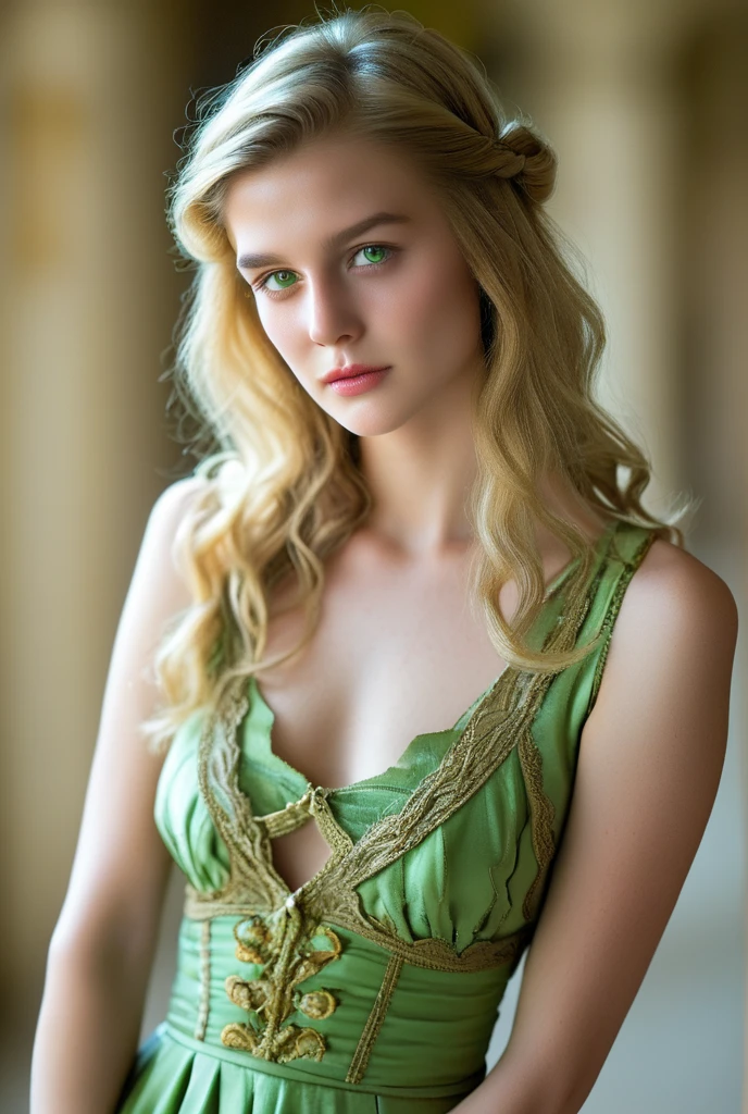 1920s analog film photograph, colorized photo of an elven maiden, 18-years-old, amazonian stature, thick-fit hourglass figure, busty breasts, toned, athletic, wearing a Sleeveless silk gown, warm almond complexion, pointy elf ears, platinum blonde hair, wild voluminous curls, resembles Margaery Tyrell, standing in a manor drawing room, RAW Photograph, dslr, soft lighting, high quality, film grain, Fujifilm XT3, detailed skin with visible pores, insane details, masterpiece, 8k, 35mm photograph, faded film, desaturated, grainy, vintage, Lomography, stained, highly detailed, found footage, long elven ears