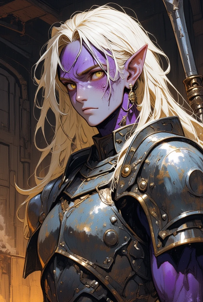 purple skin,angry,MintharaBG, solo, pointy ears, 1girl, armor, elf, blurry background,muscular, outdoors, breastplate, weapon, blurry, day, shoulder armor, tree, sword, upper body, colored skin, bun hair, white hair, red eyes, closed mouth, blonde hair, lips, realistic, masterpiece, best quality,purple skin,angry, angry expression