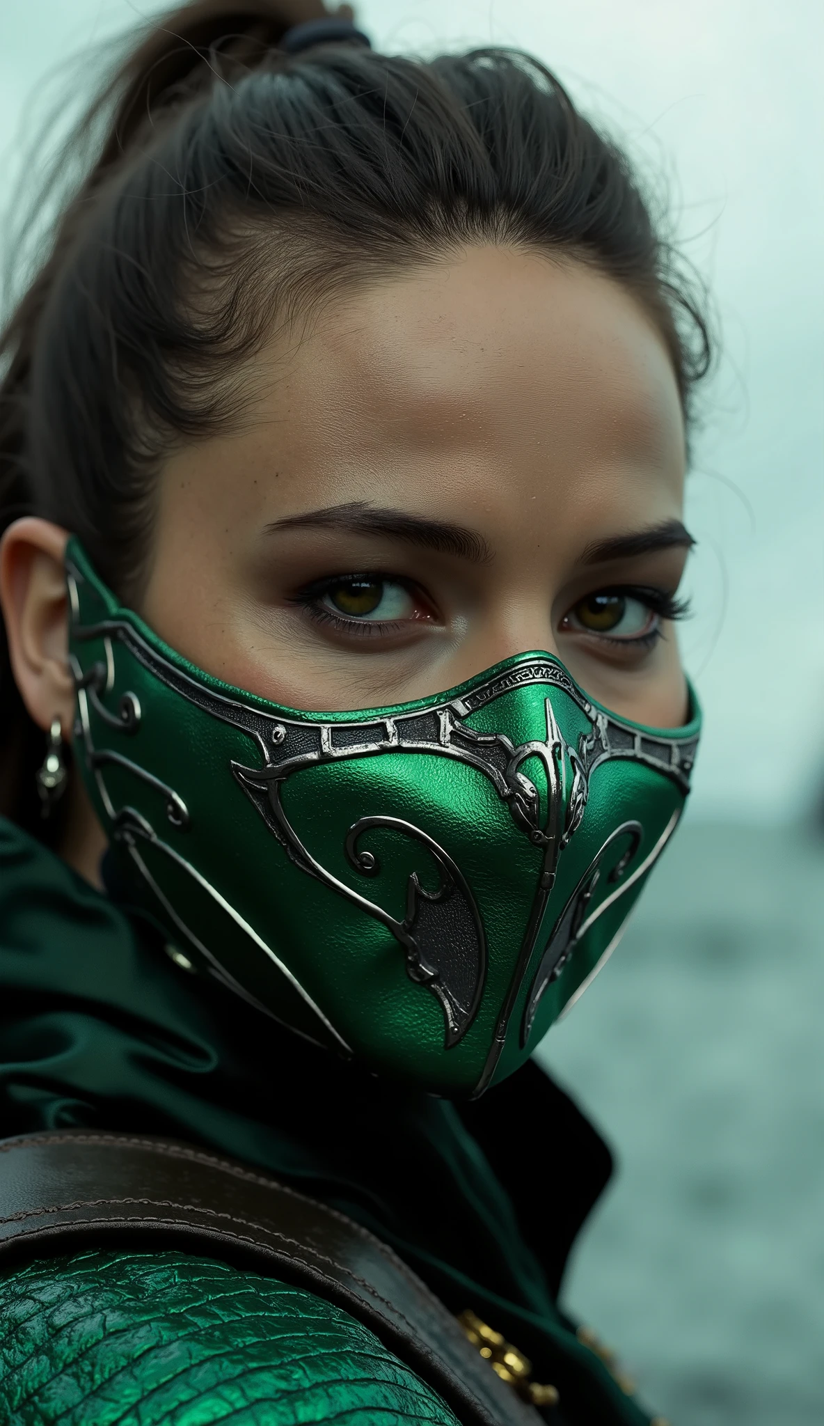 Hyper-realistic photographic style. Like Jade Mortal Kombat. close-up do rosto. Extremely realistic green mask and silver details. flawless skin texture. fundo: navioe mar, Greg Rutkowski style . dramatic lighting. 8k. 8k, rendered on Unreal Engine 5 , realistic background, Ultra-detailed Textures , cinematic lighting