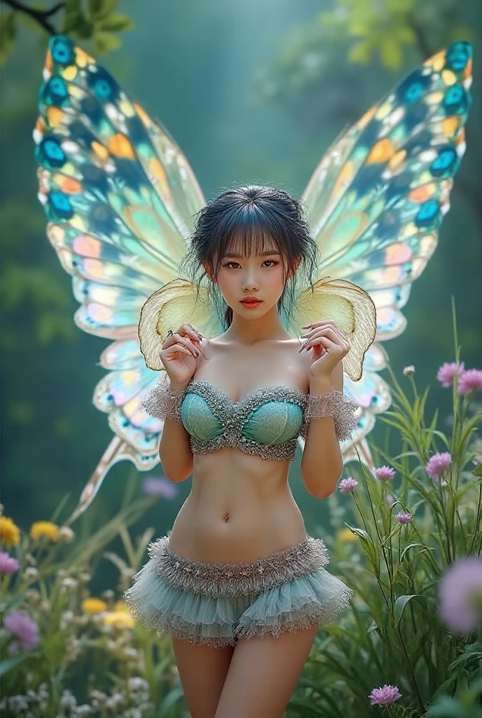 In the enchanting realm of ethereal beauty, a mesmerizing blue butterfly graces the scene with its iridescent wings shimmering in the soft, moonlit glow. The butterfly's wings are a stunning canvas of exquisite blue hues, blending seamlessly from a gentle sapphire to a captivating cerulean. Its delicate body rests atop the outstretched petals of a fully bloomed, pastel blue flower, marking a rare moment of tranquility and harmony in nature. The butterfly's wings are adorned with intricate veins, giving them a bejeweled appearance, while its tiny, dusted feet clutch onto the