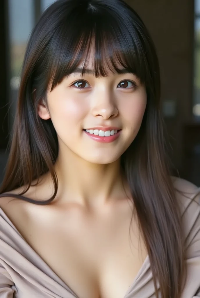 masterpiece,best quality,(Japanese ),((Beautiful girl)),cleavage,indoor,(perfect body beauty:1.2),(shy smile),beautiful teeth,