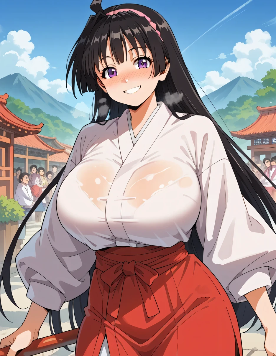 score_9, score_8_arriba, score_7_arriba,   source  _anime, Ayako Mochizuki, long hair, black hair, purple eyes, choke, diadema,, skirt,  Japanese clothing, Also, Monkey, red Also,,outdoor,  household life , fresh air, blue sky,(smile),naughty smile, looking at the viewer, Alone,,(huge breasts:1.2),(round breasts),(big ),(broad breasts:1.2),(big hips),(low waist),(slender),( big  in clothes), [tonificado,
breath,smile irónica,Nose Blush,(focus on breasts),(breast close-up)
