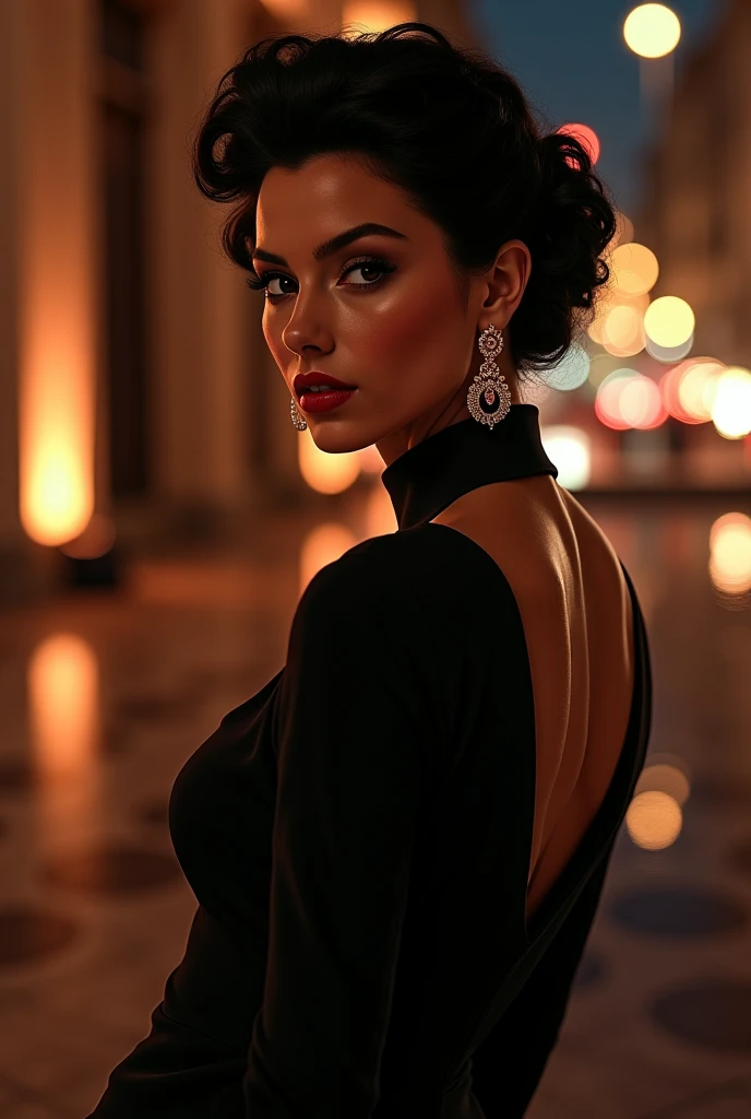 cinematic film still off shoulder, macro lens, beautiful adult woman,  w4st3l4nd_1, long dress, zippers, serious intense,eyeliner, eyeshadow, makeup, iridescent lips, bob cut hair, [finger waves] hair fascinator [auburn hair]  best quality, high quality, shadows, high detail, 4k, 8k resolution,  god rays,from below , Dubai, Burj Khalifa, Twilight City Lights photo by Greg Kadel, art by Eero Saarinen,   <lora:Tweak_EpiNoiseoffset-v2:0.6> , standing <lora:Outfit_hud-WasteLandDress:0.8>, . shallow depth of field, vignette, highly detailed, high budget, bokeh, cinemascope, moody, epic, gorgeous, film grain, grainy