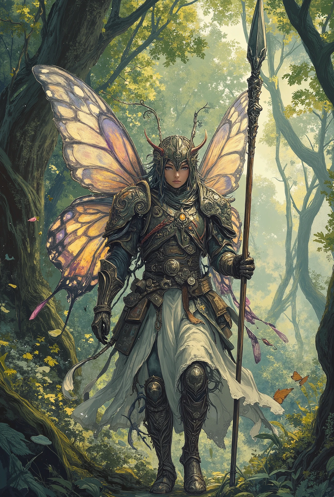 male butterfly warrior, Meisterwerk, Best quality, Super Detail,episch,4k,Wald, wears armor, Holds a spear, In fantasy art style, cinematic light , ultra detailed, 8k resolution ,((takes on an epic stance:1.4)),,(lovely, detailliert:1.1) , (complicated, detailliert:1.1),( adventurous :1.1) atmosphere, (Fantasie:1.1) Einstellung, (Epos:1.1) Und (powerful:1.1), a feeling of (Freiheit:1.1) Und (Strength :1.1).