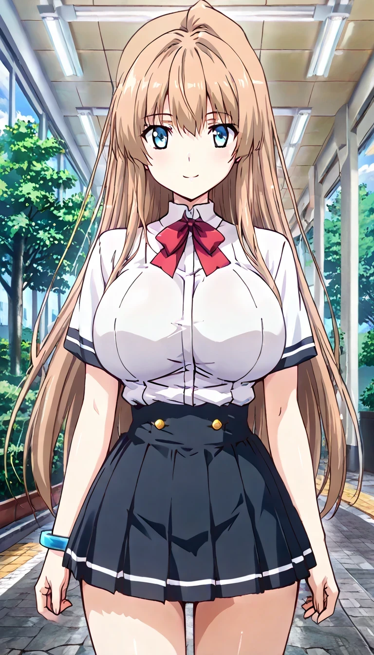 masterpiece, absurd, highly detailed, highres, high quality ass, best quality, punctuation_9, punctuation_8_arriba, punctuation_7_arriba, punctuation_6_arriba, anime_ source , source _anime, anime coloring, high resolution, detailed face, best quality, ultra detailed eyes, high resolution portrait, sharp detail, subtle redness, vivid eyes with subtle reflections , masterpiece, source _anime, anime style, cowboy shot, rare sight,
BREAK,
1 girl, Alone , Alone focus, Looking at the viewer, long hair, light brown hair, long hair, blue eyes, breasts, big breasts, pale, thin, sexy, curvilinear, volarribatuous, red bow, school uniform, shirt, bulging sleeves, short sleeves, pleated miniskirt, skirt, white shirt, white sleeves, blue bracelet on the left arm , smile, mouth shut, Soft posture , ,
BREAK,
inner, school, aisle, windows, Day Time , natural light,