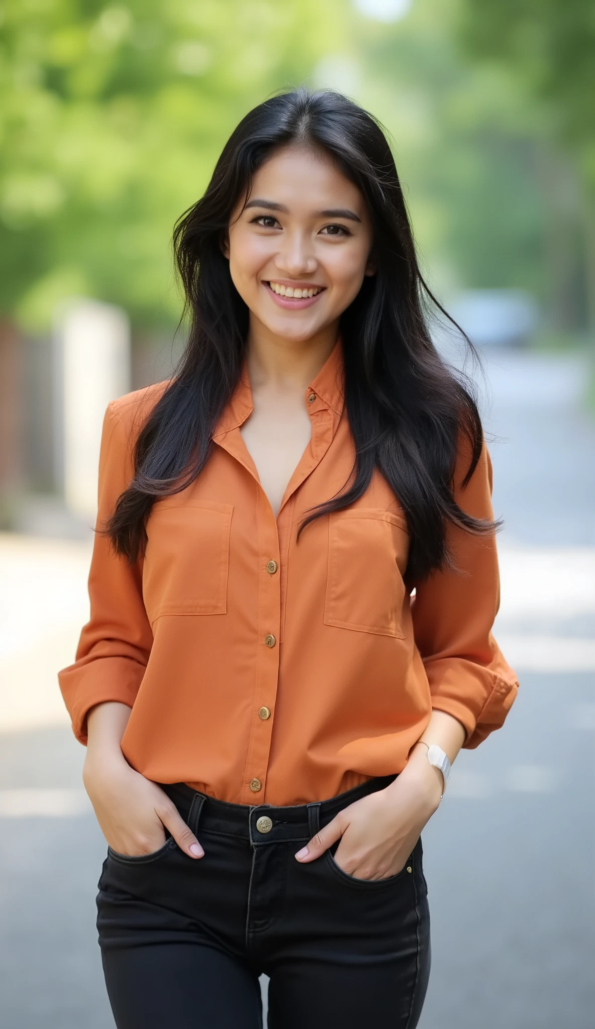 RAW, best quality, High resolution, masterpiece: 1.3), beautiful Indonesian woman, masterpiece, perfect slim body, ((big )), Beautiful big eyes, soft smile , (wearing colour blouse and black skinny jeans), smiling, wind , black ponytail hair, skin detail , skin texture details, wide hips, thighs containing , sexy body , morning time, Laughing , happy , bright sunshine , street path, background blur, bokeh ,