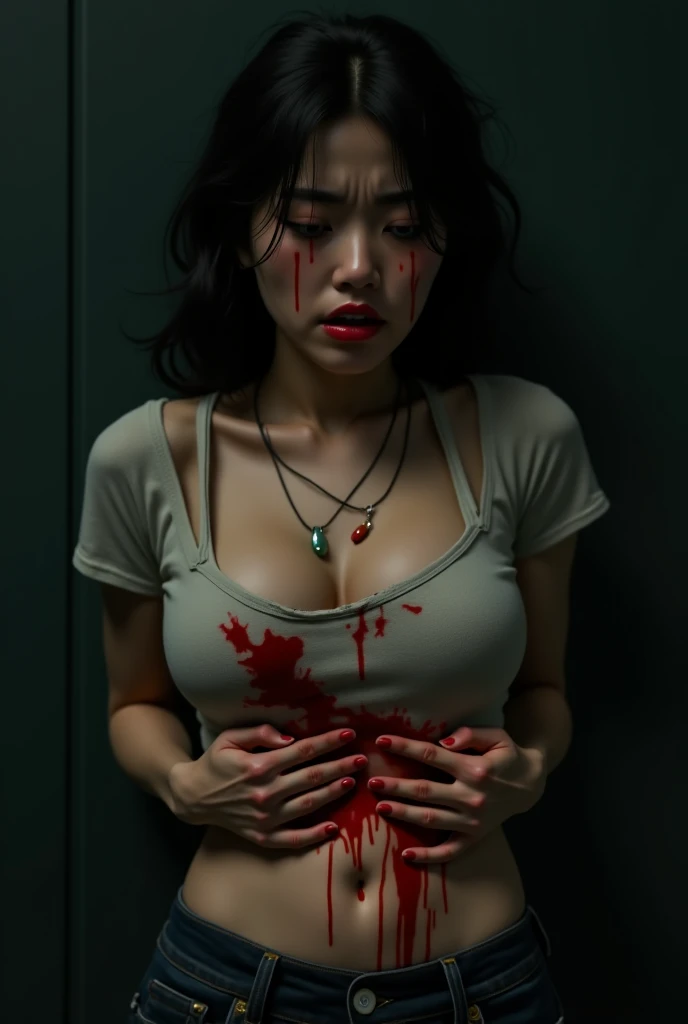 Highest quality, masterpiece, look up, Upper Body, cute,(Horror),(((Female beautiful zombie))),Dead,(((Bleeding,Injured))),(((Shedding tears of blood))),(Covered in blood),(Sexy),(sexy),((Completely naked)),(nurse,nurse,mini skirt),Baby Face,Black Hair,(((Large breasts))),(((Masturbation))),Beautiful Style,((Pale skin)),(Sensual look),Embarrassed,Sexy表情,Expressions of delight,(Dark atmosphere,fear),((Dim lighting))