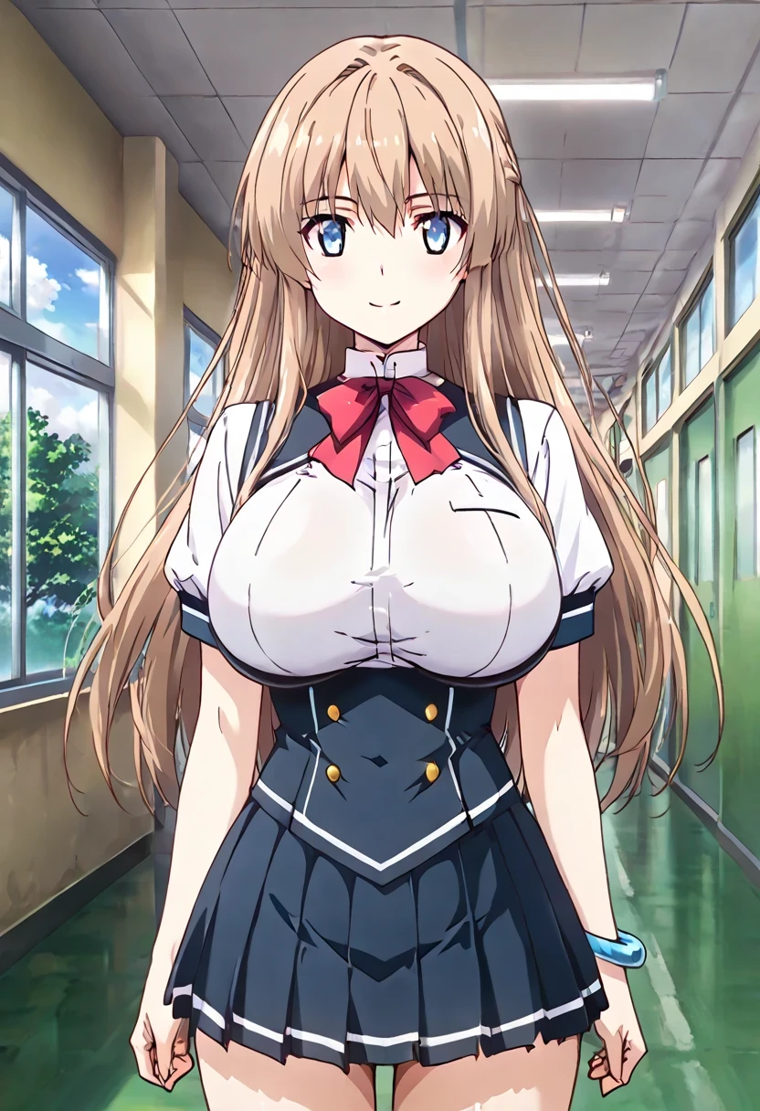masterpiece, absurd, highly detailed, highres, high quality , best quality, punctuation_9, punctuation_8_arriba, punctuation_7_arriba, punctuation_6_arriba, anime_ source , source _anime, anime coloring, high resolution, detailed face, best quality, ultra detailed eyes, high resolution portrait, sharp detail, subtle redness, vivid eyes with subtle reflections , masterpiece, source _anime, anime style, cowboy shot, rare sight,
BREAK,
1 girl, Alone , Alone focus, Looking at the viewer, long hair, light brown hair, long hair, blue eyes, , , pale, thin, , curvilinear, volarribatuous, red bow, school uniform, shirt, bulging sleeves, short sleeves, pleated miniskirt, skirt, white shirt, white sleeves, blue bracelet on the left arm , smile, mouth shut, Soft posture , ,
BREAK,
inner, school, aisle, windows, Day Time , natural light,