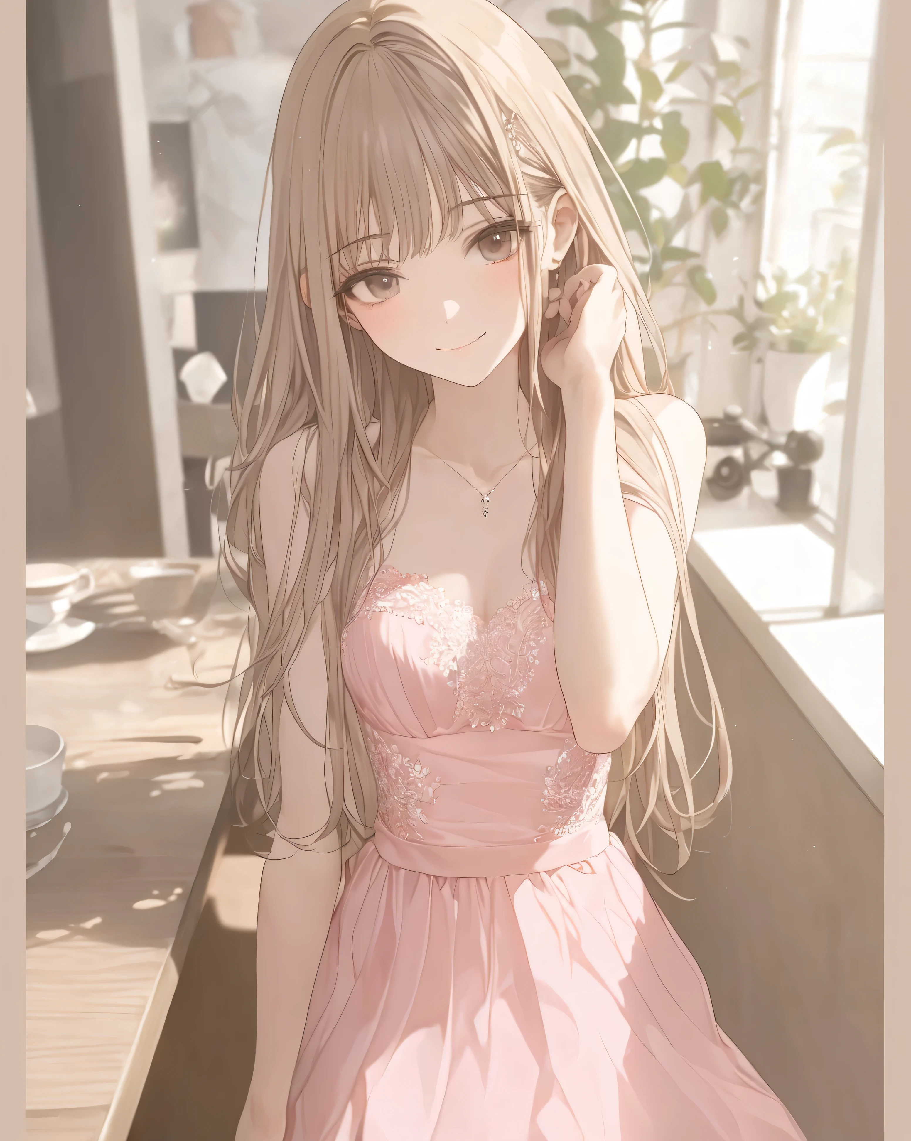 close-up、sleeveless、Bright Dining、(((Girl putting her elbow on the table:1.3)))、((gently on your chest:1.3))、masterpiece, anatomically correct, accurate, won many awards, 最高quality, Details, 高いDetails, (((simple pink dress)))、(masterpiece, top quality, very beautiful、complicated、4K、 illustration ),(cowboy shot)、(Smile lightly),(cute)、(Attractive)、(Ethereal and beautiful),(head tilt),( slim),precise details,(, a radiant and calm girl)、Beige long hair 、high resolution, quality, very detailed, Ultra Fine, textured skin in 10,000 holes,  , high image quality model, 