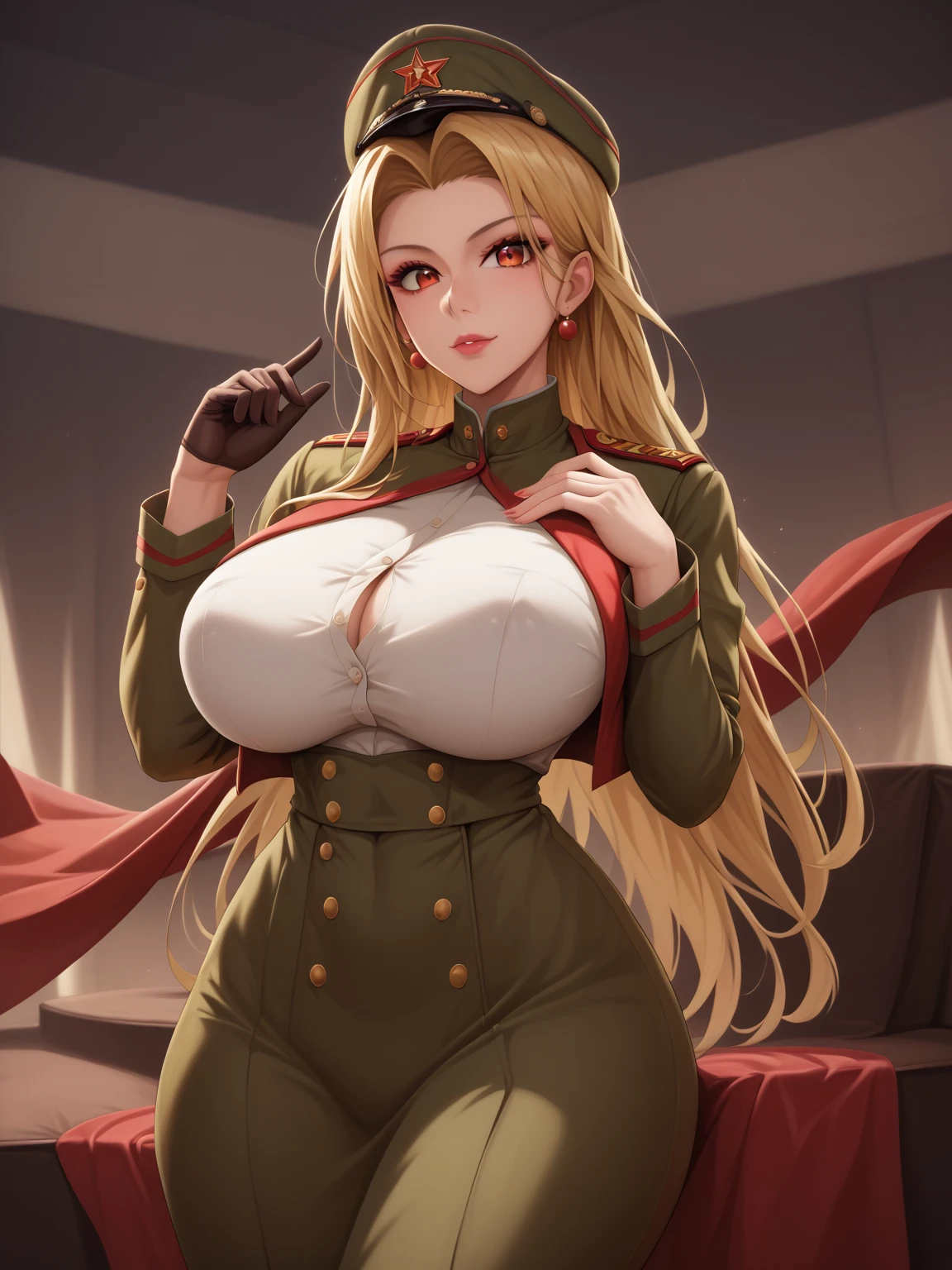 masterpiece, best quality, integr hellsing, integra, 1girl, solo, nude, huge breasts, sexy, large chest, huge breasts, abs, looking at viewer, smug smile expression, seductive, latex, golden and black Chinese dress, Chinese dress, boob window, breast window,  (((arms behind back))), detailed blue eyes, detailed face, (((smug))), front view, laying Down on a loveseat, laying Down, velvet loveseat, laying back down