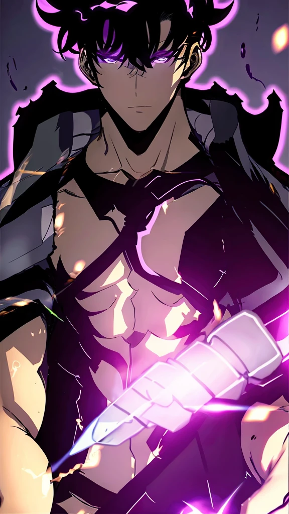 masterpiece, highest quality, ethereal,1guy, solo, ,  two-toned black and white hair, venom eyes, porcelain skin, long hair, wearing leather harness, black tight pants, luxury red room, jewelry, depth of field, cinematic lighting, muscular,  colored lights purple , vampire, fangs, no shirt 