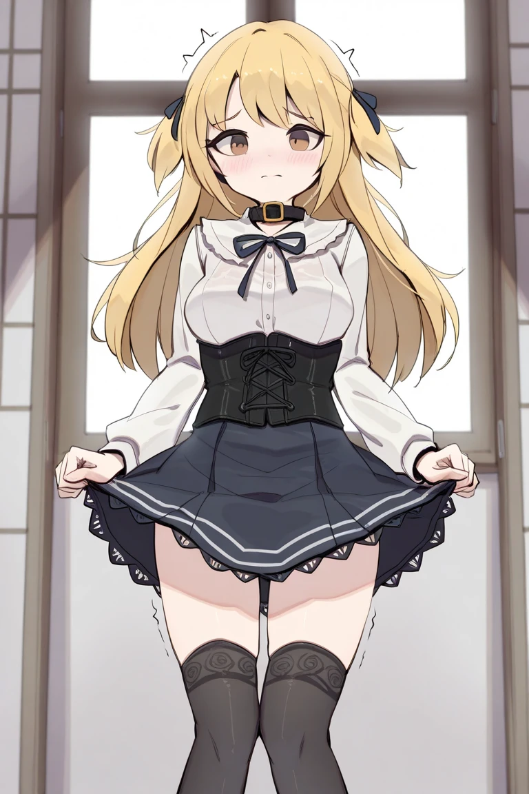High resolution, masterpiece, Highest quality, 1,young woman　,blonde ,Very long hair, Pointy Ears, Twin Drill, Red eyes, One personで,Ahoge,Fairy,Drill Hair, Hair between the eyes, bangs, Hair Intake, Hair behind the ear, Long sleeve, school uniform, Red Skirt, Red bow tie, Black corset ,Knee socks, White shirt,(masterpiece:1.0), (Highest_quality:1.0)photograph, 8k, High resolution, High resolution, Absurd,  (white panties), (show off panties: 1.3), (standing), (skirt lift: 1.3), (from below)