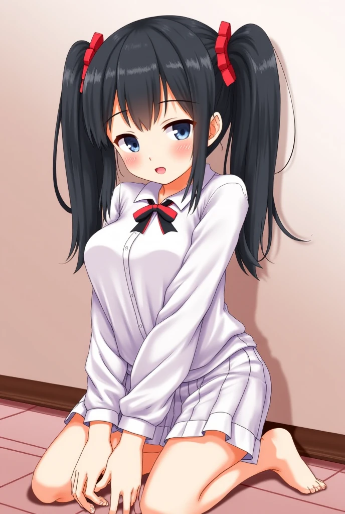 japanese girl, cute, elementary school student, black hair, twin tails, naked, blush, tits
