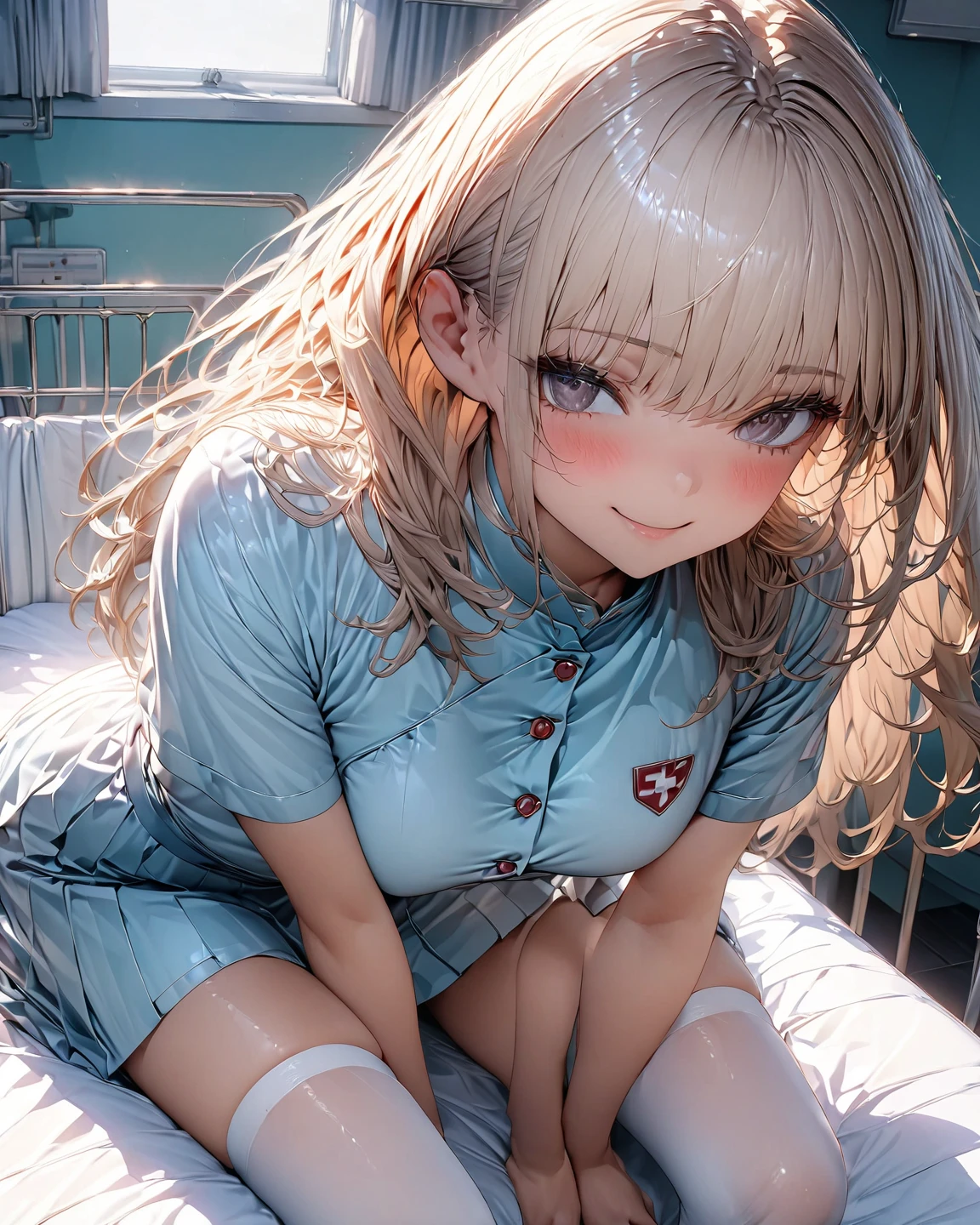 A beautiful girl dressed as a nurse kneeling on a bed using stethoscope, anime girl, (quite adorable magical nurse dress with brief pleated skirt and robe and nurse hat), white lace panties, white lace stockings, dark brown hair, bangs, french braid, long hair, ponytail, wavy hair, asymmetrical bangs, asymmetrical bangs, shiny hair, nurse cap, hairclip, hair ribbon, aqua eyes, glowing eyes, pupils sparkling, earrings, open mouth, embarrassed, blush, nervous, surprised, glossy lips, worried, high detail, anime, anime style, depth of field, cinematic lighting, dithering, image fill, first-person view, dutch angle, from behind, (rear view), from below, (whole body), atmospheric perspective, perspective, Wide-Angle, f/1.8, 85mm, Nikon, 8k, super detail, UHD, retina, masterpiece, accurate, anatomically correct, textured skin, high details, best quality, highres