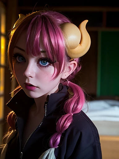there is a woman with purple hair and horns on her head((((masutepiece, Best Quality, High resolution)))), extremely detailed 8K, Beautiful girl with slim body, (Ultra HD, Ultra-detailed, Highly detailed, Highly realistic, Ultra-realistic, photos realistic), (1girll:1.5), short wavy hair, bob cuts, (dynamicposes), facing at camera, lightsmile, Purple eyes, (nedium breasts: 1.2), (beautifull detailed face, Beautiful detailed eyes), (White vest, Thin material), cleavage, Dark Denim Shorts, Glow, Sweat, (rays of sunshine, Sunlight),nakeness,bared chest