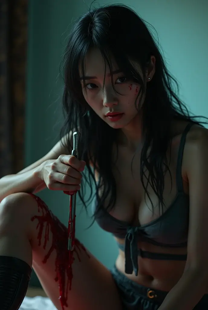 ((best image quality、highest quality、Super high quality 1.5、Super high quality 1.5、At 32K、In 8K、ticker、RAW photo、very clear image、very clear image quality、realistic 1.3))、strong abdominal musclesurdres, 1 girl,medium breasted, star eye, blush, (reality:1.5), (pieces fly, Extremely detailed chest CG unity 32k wallpaper, highest quality, High resolution:1.2), (ultra_detailed chest, ticker:1.2), (pixiv:1.perfect lighting, clear, (1 girl:1.4), (beautiful girl:1.2), looking at the viewer, unreal engine, side light, perfect face, detailed chest face, bangs, perfect body, beautiful eyes, cute face, (bright skin:1.4), idol type, (strong abdominal muscles), Ulsan-6500-V1.1, (navel pussy), Remains, dark place, at night, dark aura, close the anus, selfie type, (Blood on the face:1.7), (evil smile:1.1)、(((bloody 1.5、There'There's blood on my stomach 1.4、There'blood on my arm 1.3、There is a lot of blood on the body2.5、holding a knife in one hand 1.3、wearing black underwear (Top and bottom))))