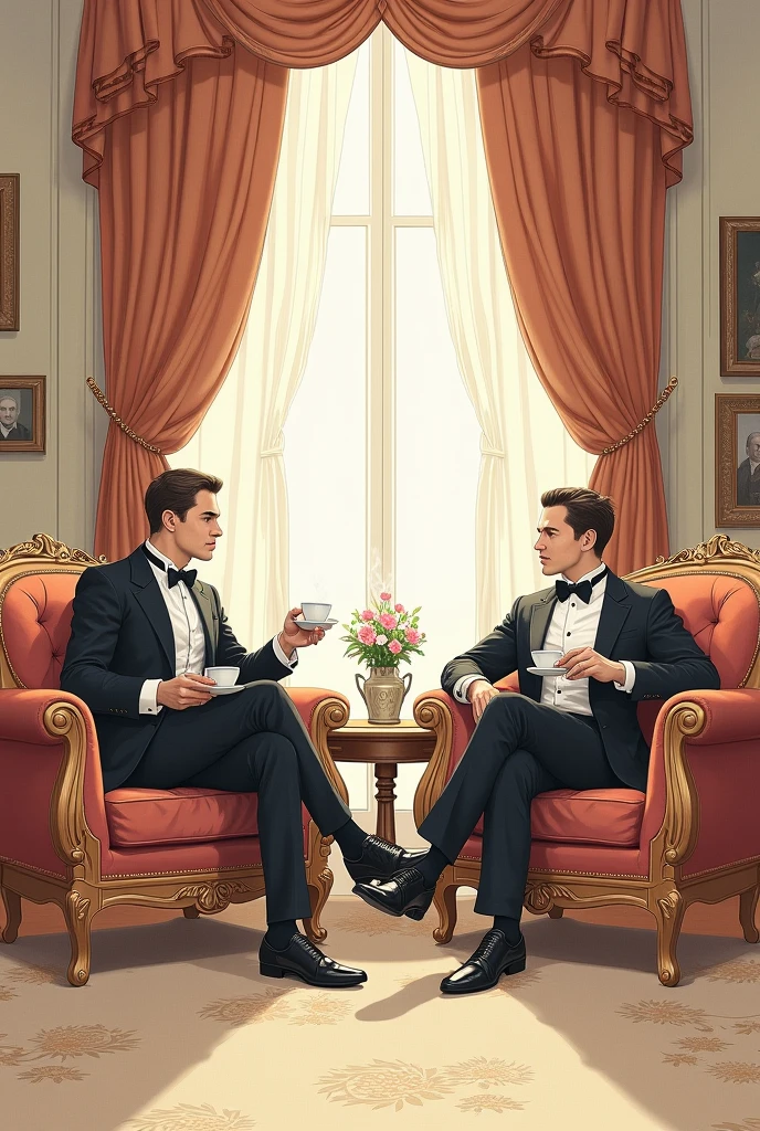 <lora:j_c_leyendecker_style_v3:1>leyendecker, masterpiece, best quality, very aesthetic, absurdres, two men, black hair, slicked back hair, blonde, curly hair, short hair, pencil mustache, talking, open mouth, looking at each other, gossiping, smile, long pants, white ribbed sweater, (black leggings:0.5), dramatic, masterpiece, indoors, cute, table, fireplace