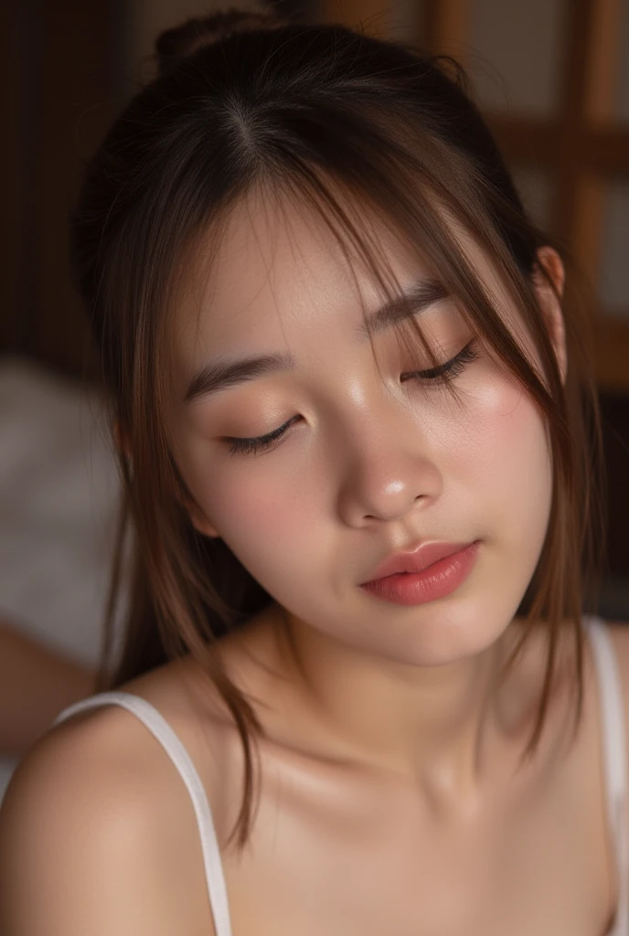 ((highest quality, masterpiece :1.3)), Photorealistic、Ultra-high resolution、Natural skin texture、Hyperrealism、Near Movies、Beautiful Japanese girl in her early teens、One girl、Tight crop top、Lying in bed、Frightened expression、Tears flowing