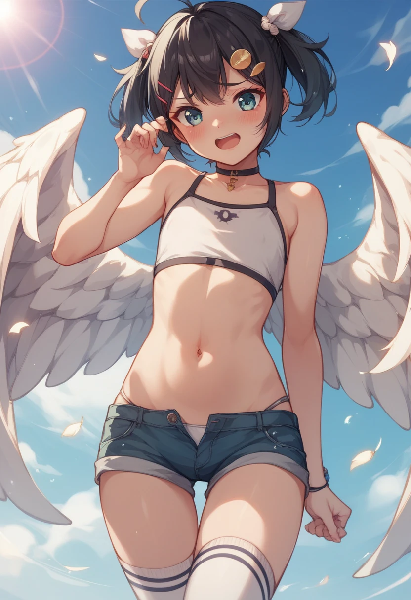 ((Highest quality)), ((masterpiece)), (detailed),((angel)),10 years old, Black Hair,(Childish face),((Straight Hair)), shiny hair, Girl ,Medium Breasts, ((Naked)),(topless),Big wings,White Wings, ((Blue eyes)),half-smile , Sunlight, Full body shot, ((arched back)), (close_up) ,upper body ,Many Stars ,(Cloud World), (In the sky),(Lots of bubbles),