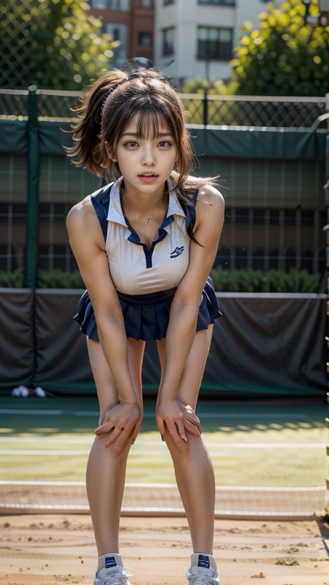 (Muscular:1.7), (large round breasts:1.4), (large muscular chest and shoulders:1.1), (tween girl:2.1), FEMALE, brown hair, long brown hair, (big smile:1), (wearing a tight shirt and shorts and tennis sneakers:1.5), looking at viewer, (facing camera view:1.2), upper body view, (playground:1.6), dark lighting, detailed skin, detailed eyes, (clean skin:1.5), (tiny waist:1.5), exaggerated hourglass physique, (huge body muscles:1.7), (one protagonist:1.5), (tall:1.4),