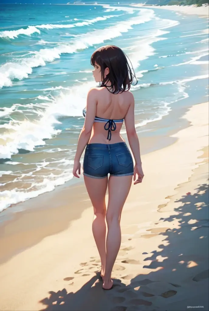 A girl on the beach with her brother and the sister wears a bikini and the brother wears swimming shorts