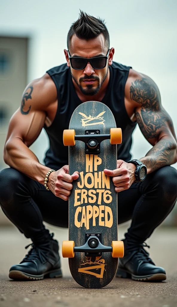young man biting his skateboard, shirtless and with tattoos, Foto em estilo de Tyler Mitchell, Tony Sandoval, skate, inspirado em Jeremy Henderson, Album art, Tony Sandoval. 8 k realista, Joel Torres, Coelho ruim, Craig Mallismo, inspirado em Nathan Oliveira, Khabib, andrew gonzalez, inspirado em Randy Vargas, no fundo preto