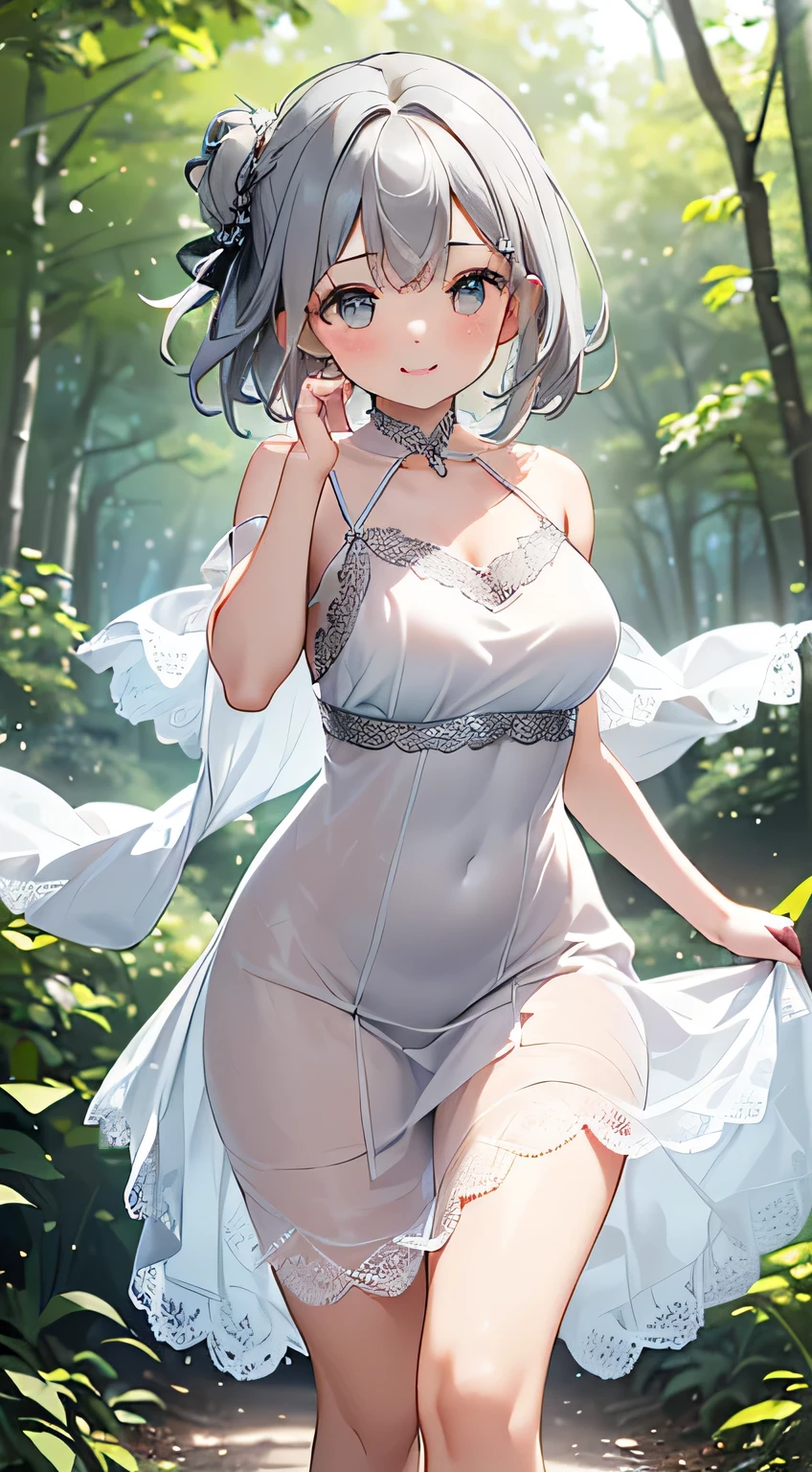 (Highest quality, High resolution, Very detailed), Silver Hair, Super short hair, Reddish brown eyes, white maxi dress, lace thong, Large Breasts, 24th generation, Beautiful woman, mature, quiet, Calm, A small smile, park, Grass, blue sky,