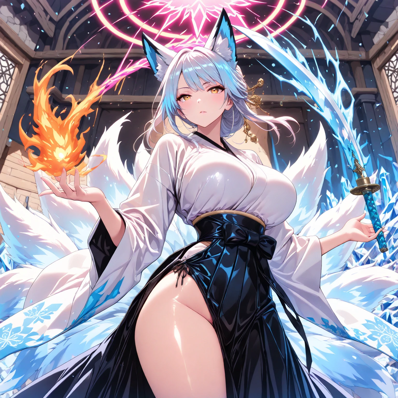 rabbit, bright white and blue fur, long white hair, stripped skin, blemished skin, Very good figure, bright tone, warm color, colorfully, work of art, super detaill, high qualiy, best qualityer, high resolution, tribal, beautiful and bright eyes, alone, beautiful and full breasts, ninja, with ninja outfit