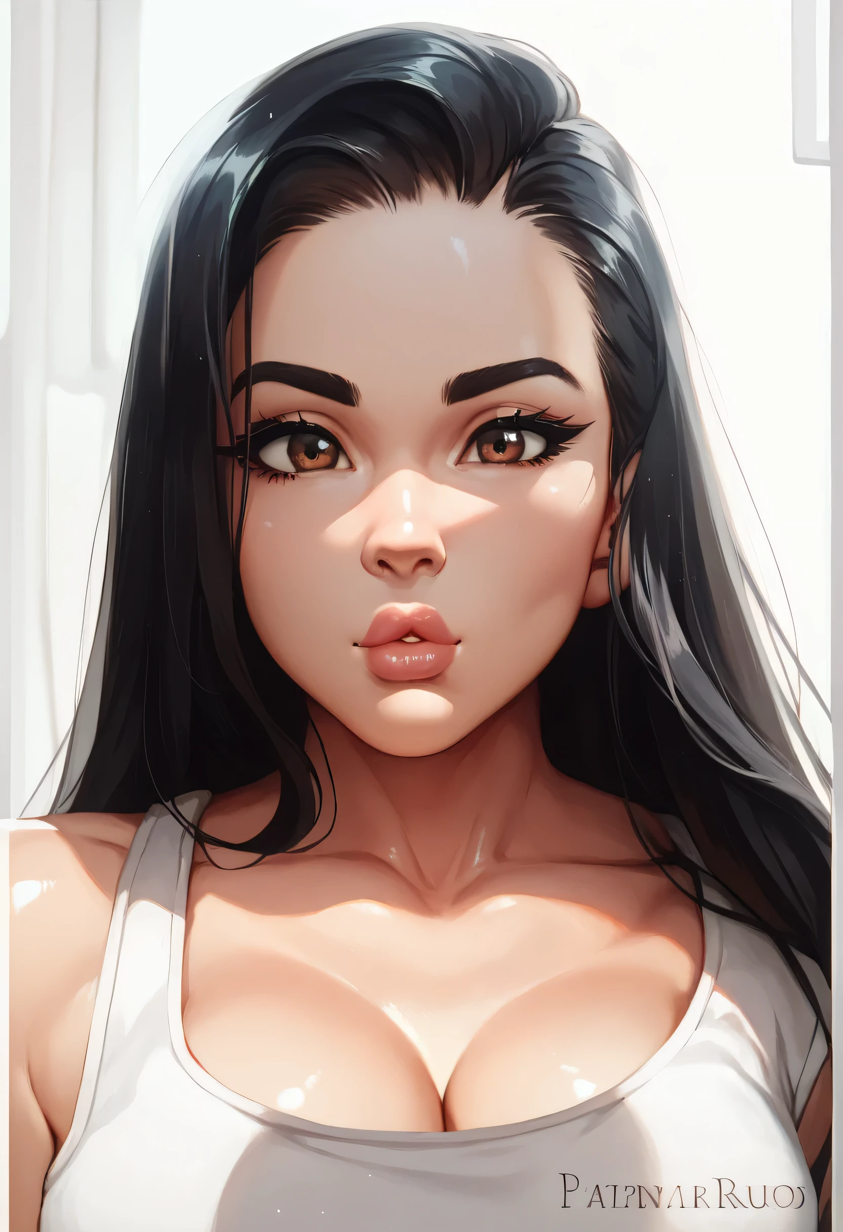 black hair, very long hair, black normal eyebrows, brown eyes, black eyelashes, black eyeliners, nose, thick lips, collarbone, cleavage, medium breasts, white tank top, shiny skin, looking at viewer